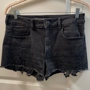 Black Super Stretch American Eagle denim shorts with lace detailing